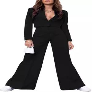 힙글램프 여성용 포멀 긴팔 크롭 블 와이드 레그 팬츠 정장 세트 딥 브이 넥 비즈니스 칵테일 우아함