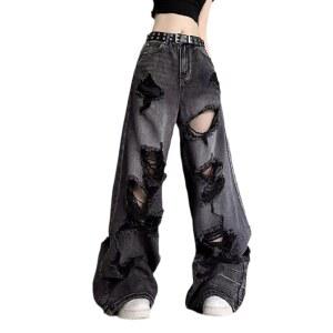 여성용 라파구 배기 청바지 남성용 Grunge Y2K 여름 레그 팬츠 하이웨이스트 스트레이트 리핑 옷. 디스트레스