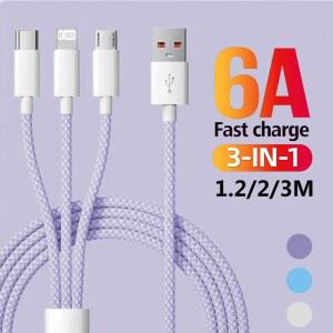 1.2M/2M/3M 6A 3 in 1 iPhone 용 고속 충전 케이블 66W USB 유형 C 케이블 2 in 1 마이크로 USB IOS 데이터 충전기 케이블