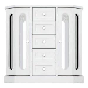 RR 라운드 리치 디자인 주얼리 박스 - 단단한 나무로 제작되었으며, 캐비닛 타입 5 서랍 정리함과 2개의 분리된 개방형 문이 양쪽에 있고 대형 미러 화이트가 있습니다