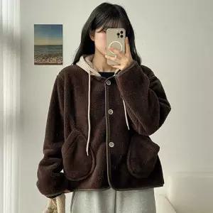 탈부착 후드자켓 아방핏 양털 후리스 배색 뽀글이 퍼자켓 루즈핏 덤블점퍼 겨울 3color