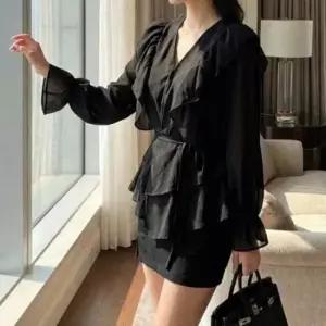 [다잇템] 여성 프릴 페플럼 비침 긴팔티 블라우스