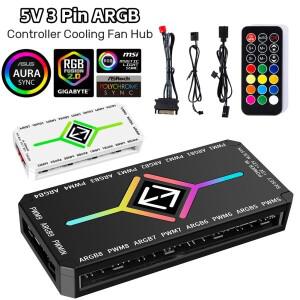 게이밍 PC RGB 효과 및 무선 리모컨 지원을 위한 PWM 온도 제어 기능이 있는 쿨링 팬 허브 5V 3핀 컨트롤러