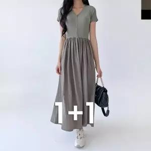 블레오 브이넥 플레어 데일리 반팔 롱 원피스 (1+1) DM251596