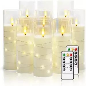 니미코 깜빡이는 불꽃 없는 LED 양초 별 끈이 내장된 9개 리모컨이 있는 아크릴 기둥 홈 데코레이션에 적합