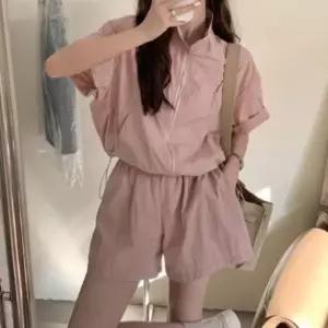 [하프클럽/옷자락]여성 통기성 폴리 루즈핏 반팔 아노락 집업 반바지 세트