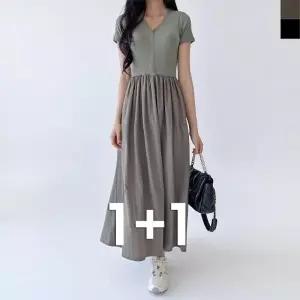 블레오 브이넥 플레어 데일리 반팔 롱 원피스 (1+1) DM251596