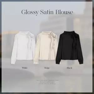 핫핑 [하객룩/고급미] 르웨니 샤틴 모크넥 타이 퍼프 긴팔블라우스