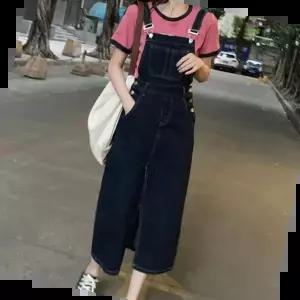 멜빵원피스 데님 스티치 롱기장 H라인 앞트임 끈조절