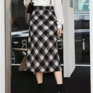 [하프클럽/알티피아]여자 겨울 출근 룩 미디 H라인 롱 스커트 체크 치마