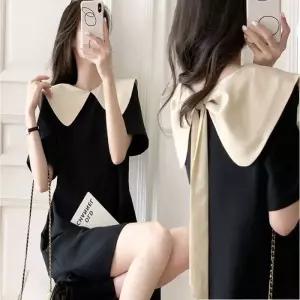 여자 배색 왕카라 원피스 러블리 반팔 블랙 하객룩