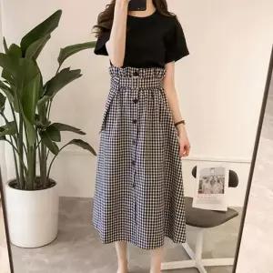 투피스 반팔 블랙 체크 세트 상하의 스커트