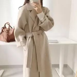 여자 허리끈 클래식 코트 겨울 더블카라 모직 롱