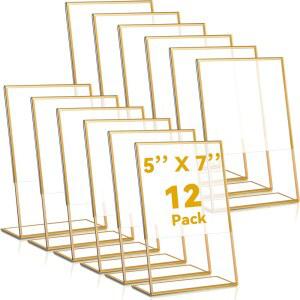 Yulejo 12개 5 x 7 인치 골드 아크릴 간판 홀더 그림 프레임 스탠드업 테이블 상단 배경 웨딩 레스토랑, 사무실, 상점, 호텔용 클리어 메뉴