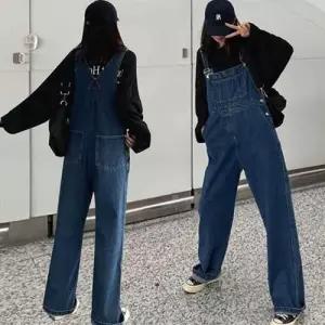 데님 청 멜빵 여자 오버롤 귀여운 와이드핏 팬츠 WFLPTOF
