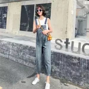 여자 귀여운 멜빵팬츠 청 데님 롤업 점프수트 오버롤 WFLPTR9