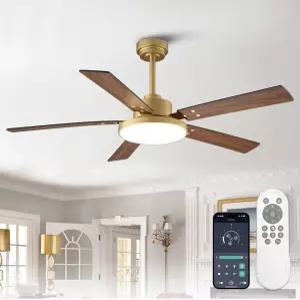 조명과 리모컨이 있는 골드 천장 선풍기 / APP 침실 거실 파티오용 52인치 블랙 및 스마트 디밍블 LED