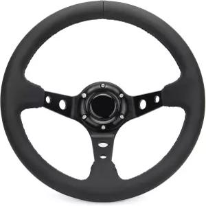 유니버설 6 볼트 레이싱 스티어링 휠 320mm 12.5인치 블랙 정품 가죽 그립 알루미늄 프레임 깊은 접시