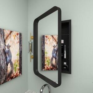 KeepTech 16 u201DWx24 u201DH 농가 액자 약장, 거울, 매트 블랙 마감, 오목 또는 표면 마운트, 조절 가능한 선반, 둥근 직사각형 욕실 왼쪽 오른쪽 설치