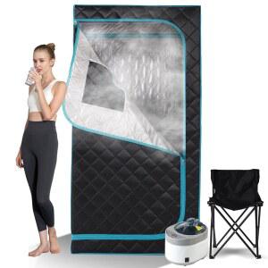 스마트막 휴대용 홈 스팀 사우나, 풀사이즈 개인 사우나 스파 박스, 스팀이 있는 싱글 텐트, 4L 1500W 발생기 99분 타이머, 리모컨, 업그레이드된 접이식 의자, 매트, 그린 보더