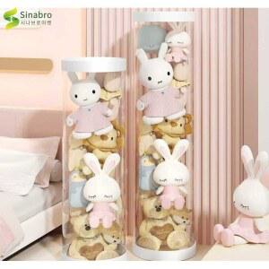 봉제인형 보관통 투명 정리함 보관함 케이스 50x26cm핑크세트 미니곰 원기둥 원형