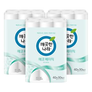 깨끗한나라 2겹 에코 베이직, 40m, 30롤, 3개