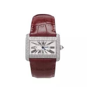 [중고명품] 브라운 화이트 다이아 탱크 도반 쿼츠 가죽 시계 35mm