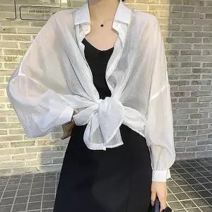 [오노마] ONM 여성 밑단 매듭 블라우스 시스루 쉬폰 가오리핏 셔츠 (S10526897)