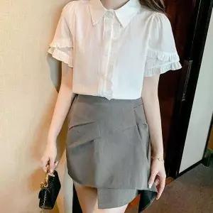 [오노마] ONM 화이트 프릴 이중소매 여성 반팔 블라우스 여름 코튼 (S10375599)