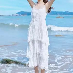 [셀러허브][프로셀러] 뷔스티에 레이스 끈나시 화이트 롱원피스 바캉스룩 (S17114911)