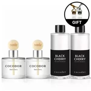 코코도르 차량용 방향제 우드볼 디퓨저 50ml 2개+리필액 200ml 2개 고급 자동차 새차선물 블랙체리