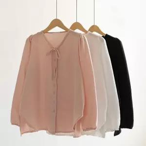 [66-120] 세프 브이 스트랩 리본 블라우스