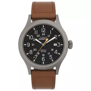 Timex 남성용 익스페디션 스카우트 40mm 시계 - 그레이 케이스 블랙 다이얼, 브라운 Ecco DriTan 가죽 스트