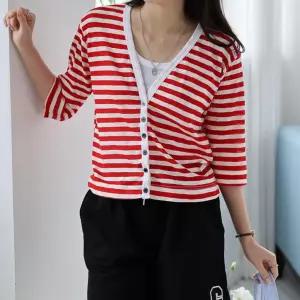 여자 스트라이프 배색 브이넥 칠부 여름 면 가디건