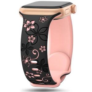 Floral 각인 밴드 Apple Watch 41mm 40mm 44mm 42mm 38mm 49mm 46mm 여성용, 귀여운 플라워 iWatch 소프트 실리콘 스포츠 스트랩 시리즈 SE 10 9 8 7 6 5 4 3 Ultra