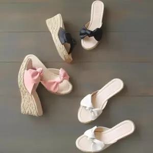 여성 리본 디자인 라탄 웨지힐 오픈토 키높이 슬리퍼