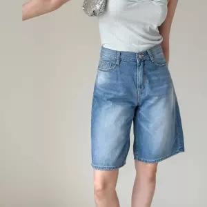 여성 대형 논스판 5부 워싱 직선핏 여름 청반바지