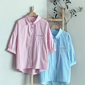 여성 데일리 자수 핀턱 셔링 연발 7부 셔츠 남방