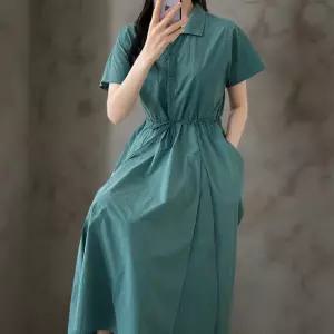 여성 바스락 스모크 카라 블라우스 스트링 롱드레스