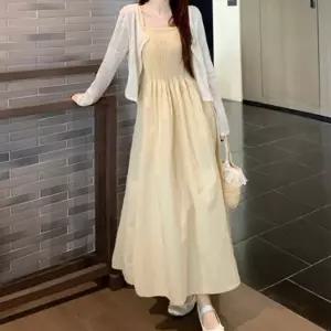 여성 러블리 코튼 주름탑 어깨끈 옐로우 롱 원피스