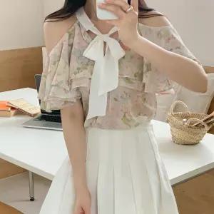 여자 홀터넥 쉬폰 오프숄더 플라워 여리여리 블라우스