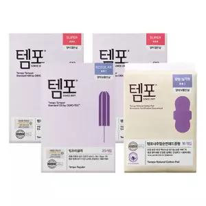 템포 오리지널 탐폰 슈퍼 (20입), 2개 + 레귤러, (20입), 1개 + 템포 내추럴 순면 패드 생리대 중형, (16입