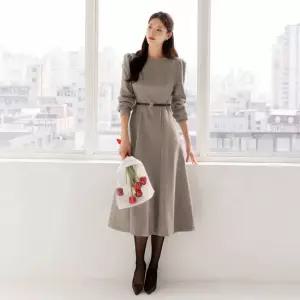 XXL까지) 헤몬다 헤링본 벨트 플레어 원피스 겨울 하객룩 오피스룩 모임룩 격식룩 연말룩 빅사이즈