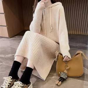 LnD 겨울 따뜻한 여성 모엘 골지 니트 후드 롱 원피스 치마 스커트