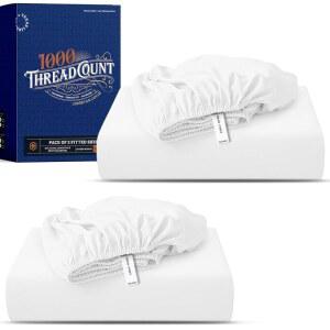 100% 이집트 면 딥 포켓 트윈 화이트 매트리스 커버 2개 팩, 1000수 럭셔리 호텔 커버, 매우 부드러운 쿨링 새틴 직조 바닥 시트, 최대 45.7cm(18인치) 매트리스에