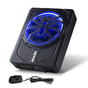 VEVOR 10인치 440W 언더시트 카 서브우퍼 파란색 앰비언트 라이트가 장착된 슬림 파워 카 서브우퍼 앰프가 내장된 시트 아래 로우 프로파일 오디오 서브 SUV 자동차 트럭 RV용 리모컨