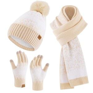 미오르펙스 여성 겨울 비니 긴 장갑 해골 3종 모자 스카프 플리스 니트 캡 안감 따뜻한 터치스크린 세트 여성용