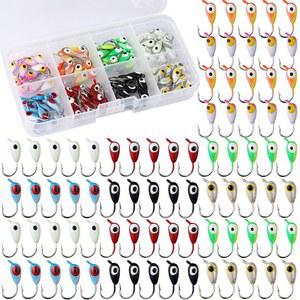 빈소트 얼음 낚시 지그 세트, 1/16온스 미니 미끼 겨울 헤드 후크 벌크, 물고기, 파이크, 크레이피, 월레이, 농어, 송어, 블루길을 위한 3D 눈 페인팅이 가능합니다