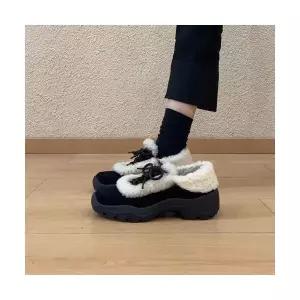 여자 캔버스화 슈즈 키높이 기모 털가보시 라운드 스트랩 다크 플랩 BE5