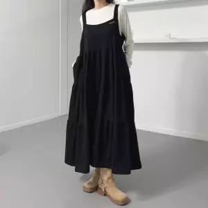 여자 러블리 가을 멜빵 빅사이즈 라벨 캉캉 롱원피스